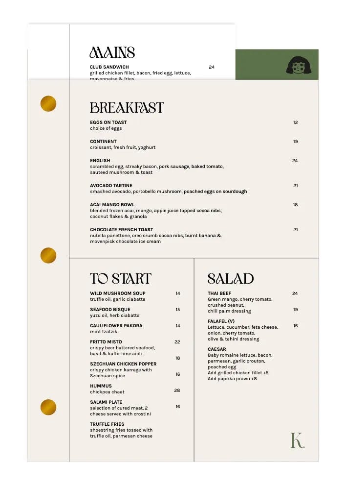 KLARA Cafe & Bar - Food menu